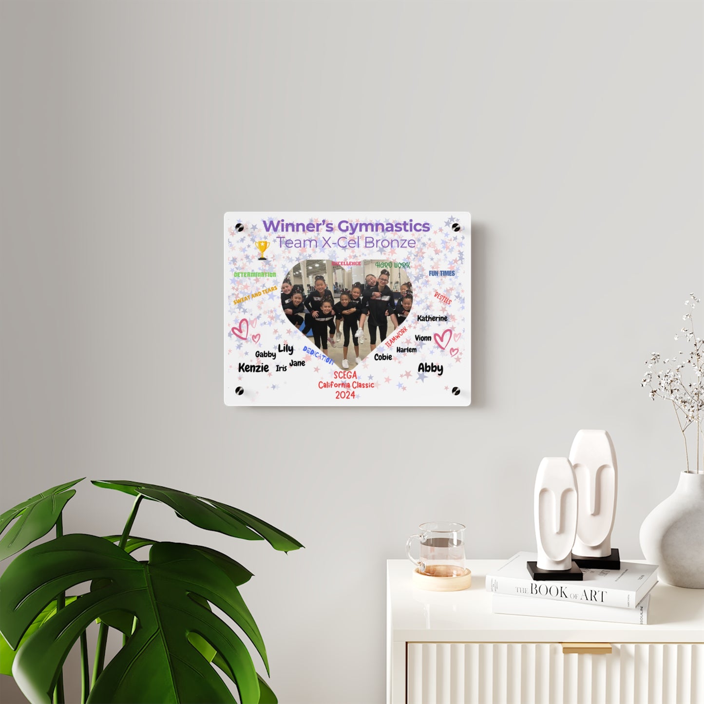 Personalized Acrylic Wall Art Panel - Gymnastics Team Heart Theme