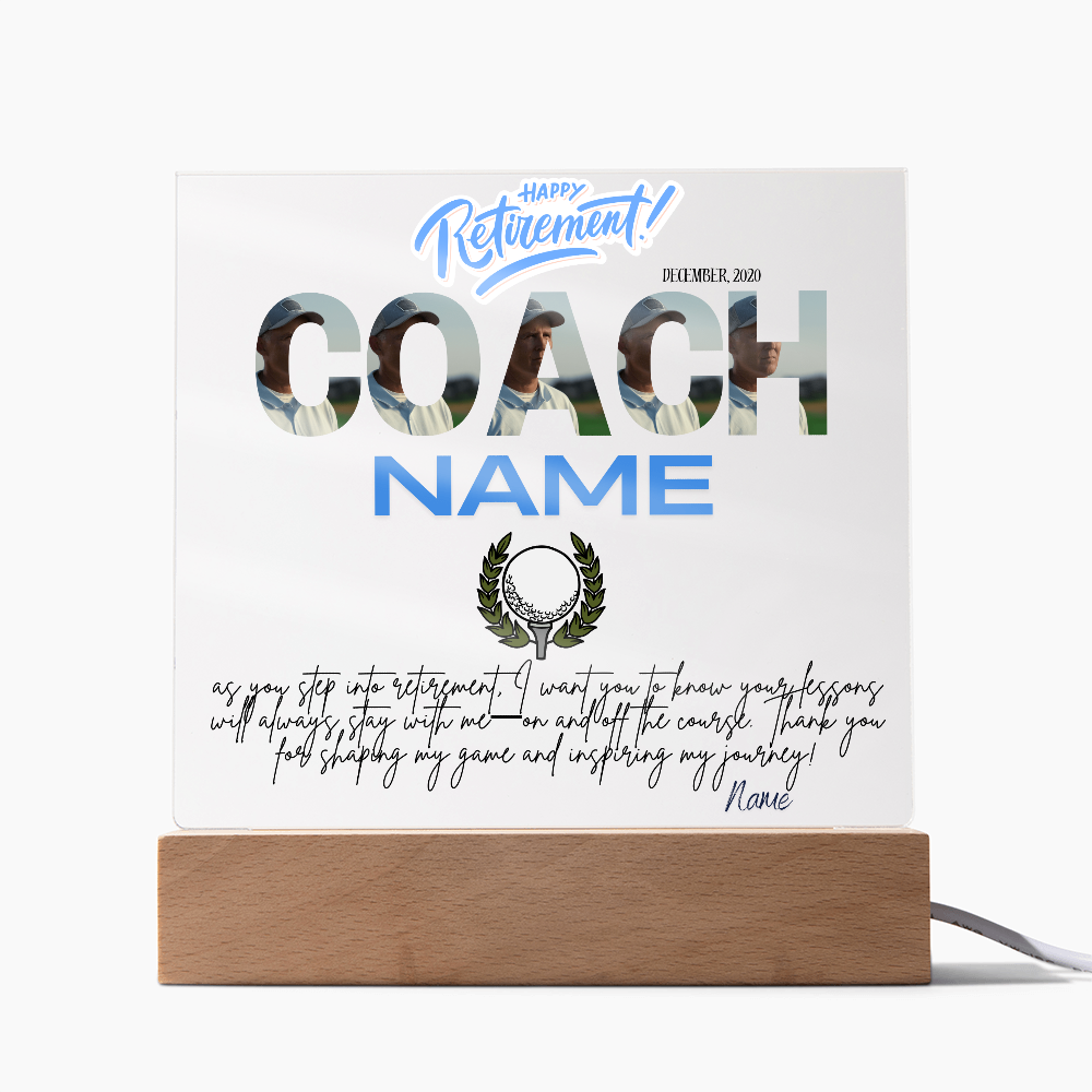 Personalized "Coach Retirement" Custom Acrylic Plaque with LED Base