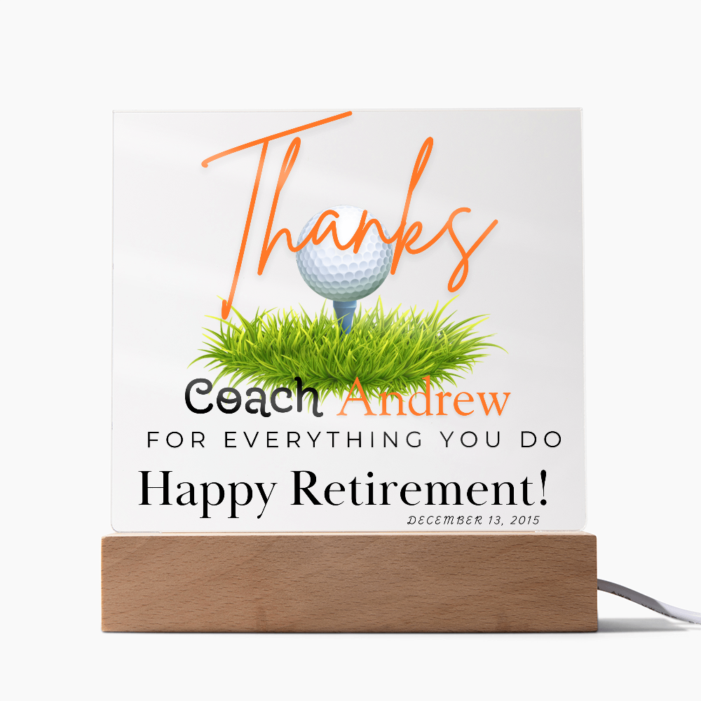 Personalized "Coach Retirement" Custom Acrylic Plaque with LED Base