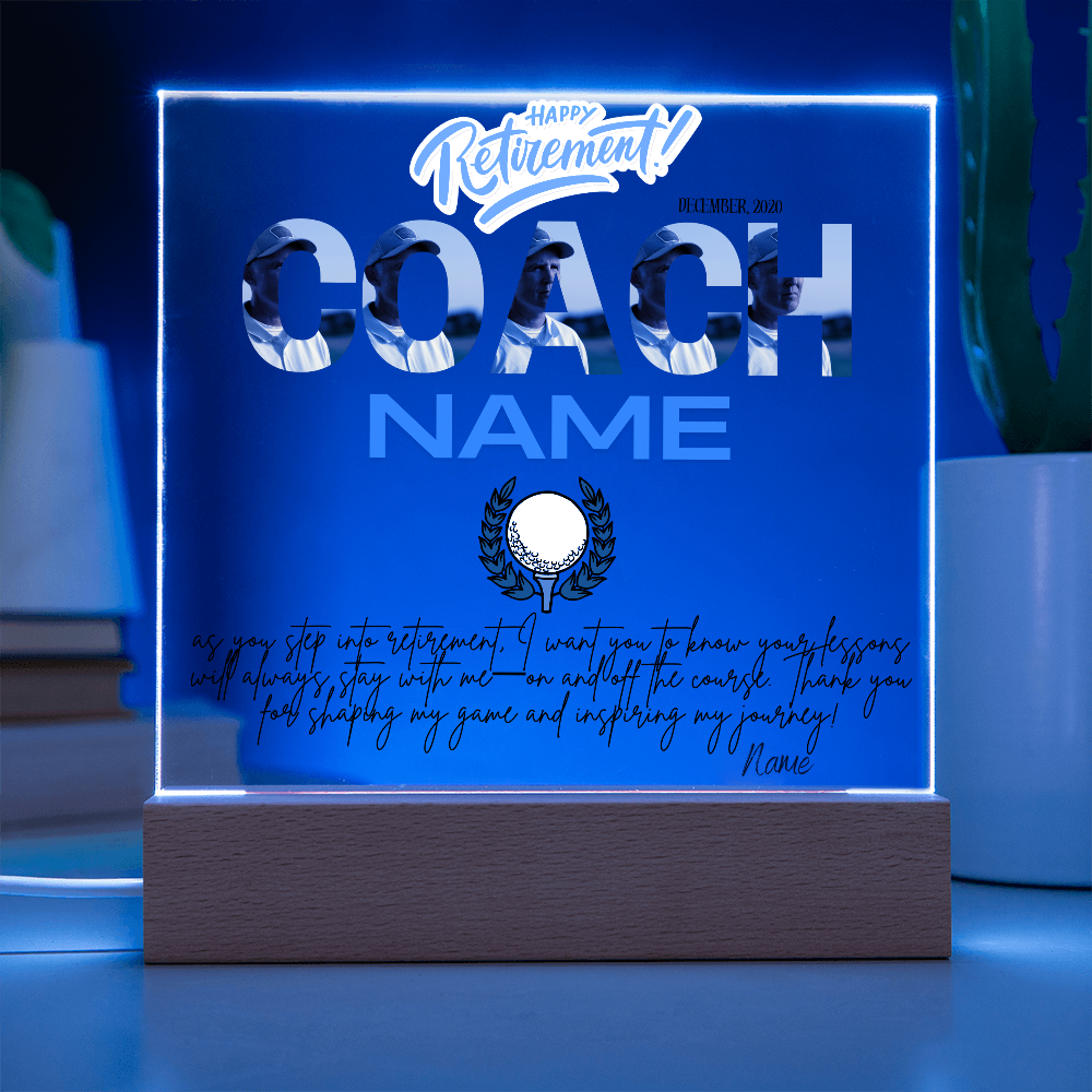 Personalized "Coach Retirement" Custom Acrylic Plaque with LED Base
