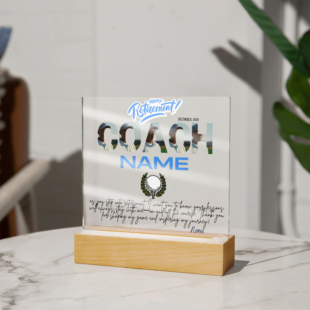 Personalized "Coach Retirement" Custom Acrylic Plaque with LED Base
