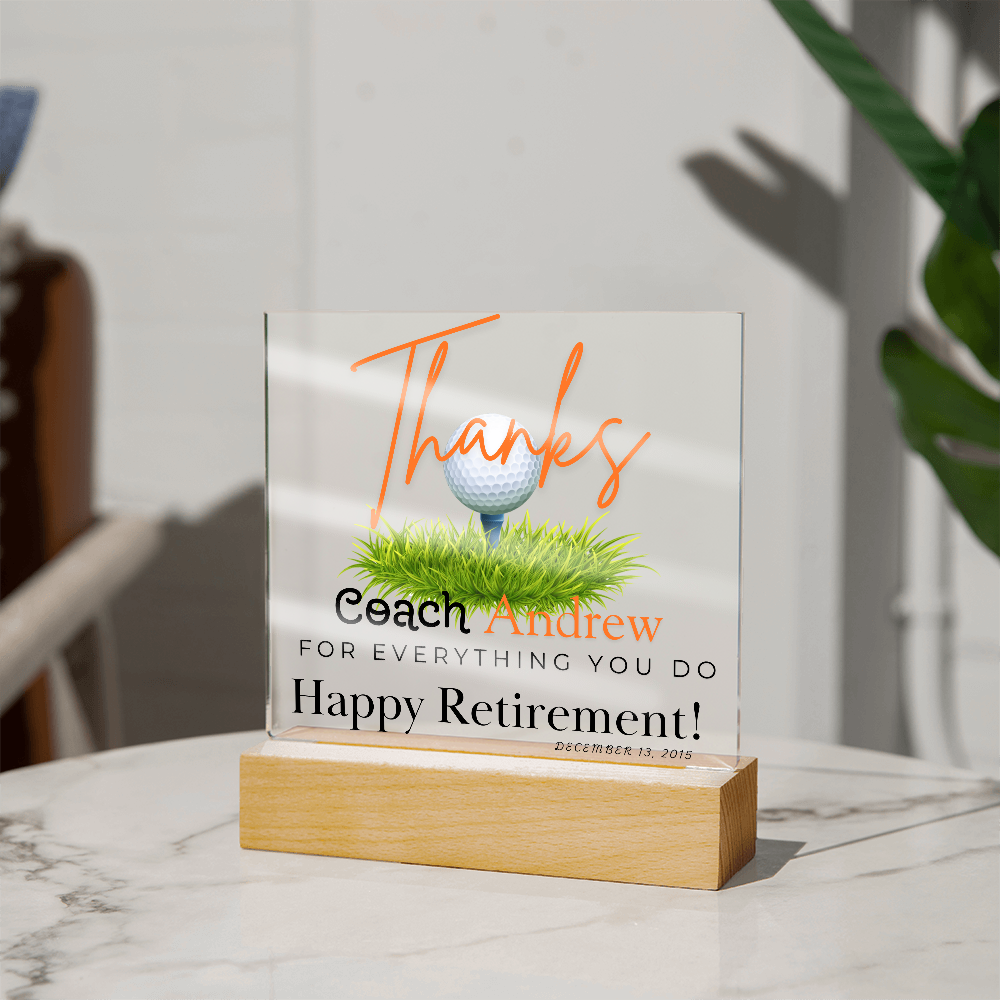 Personalized Golf "Coach Retirement" Custom Acrylic Plaque with LED Base