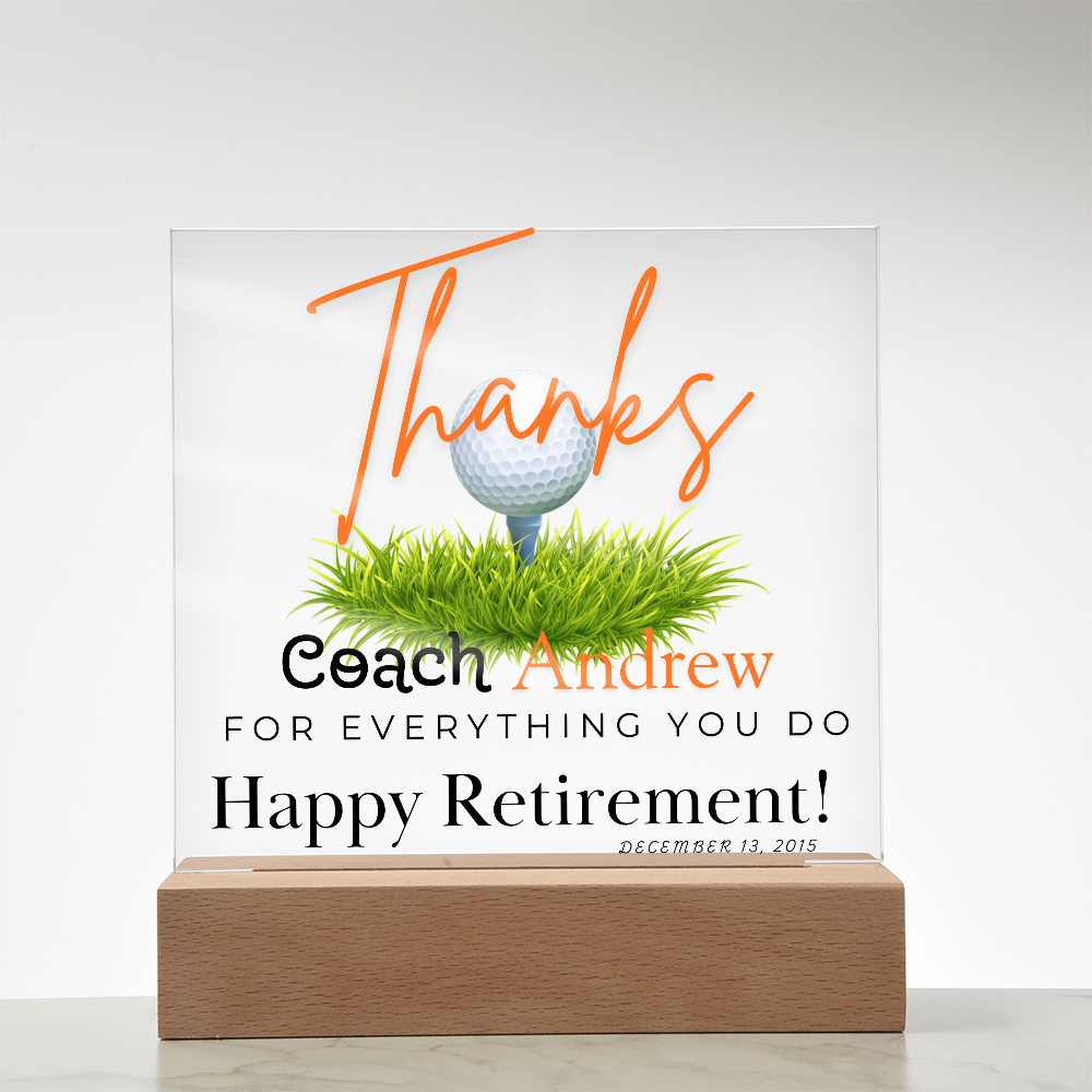 Personalized "Coach Retirement" Custom Acrylic Plaque with LED Base