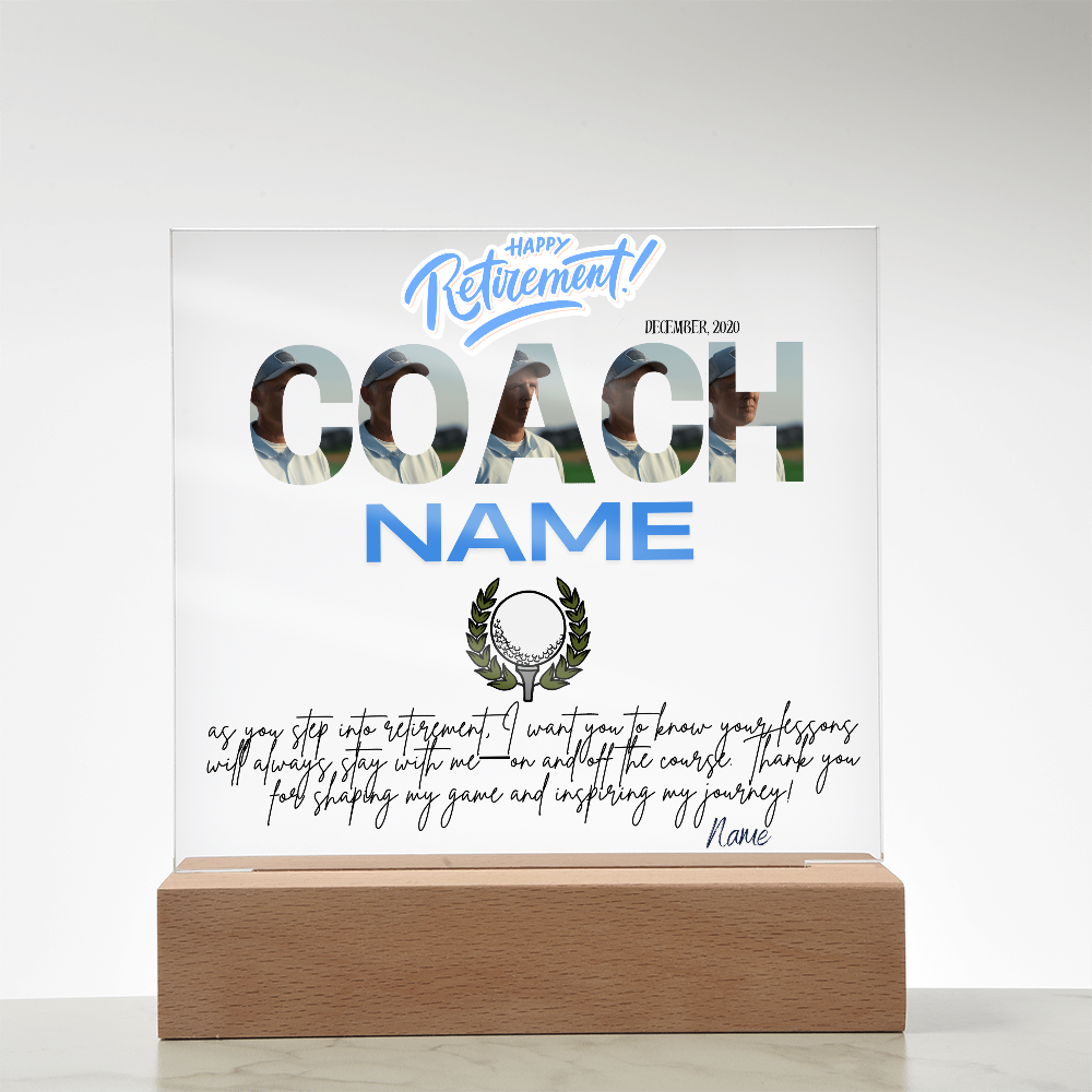 Personalized "Coach Retirement" Custom Acrylic Plaque with LED Base