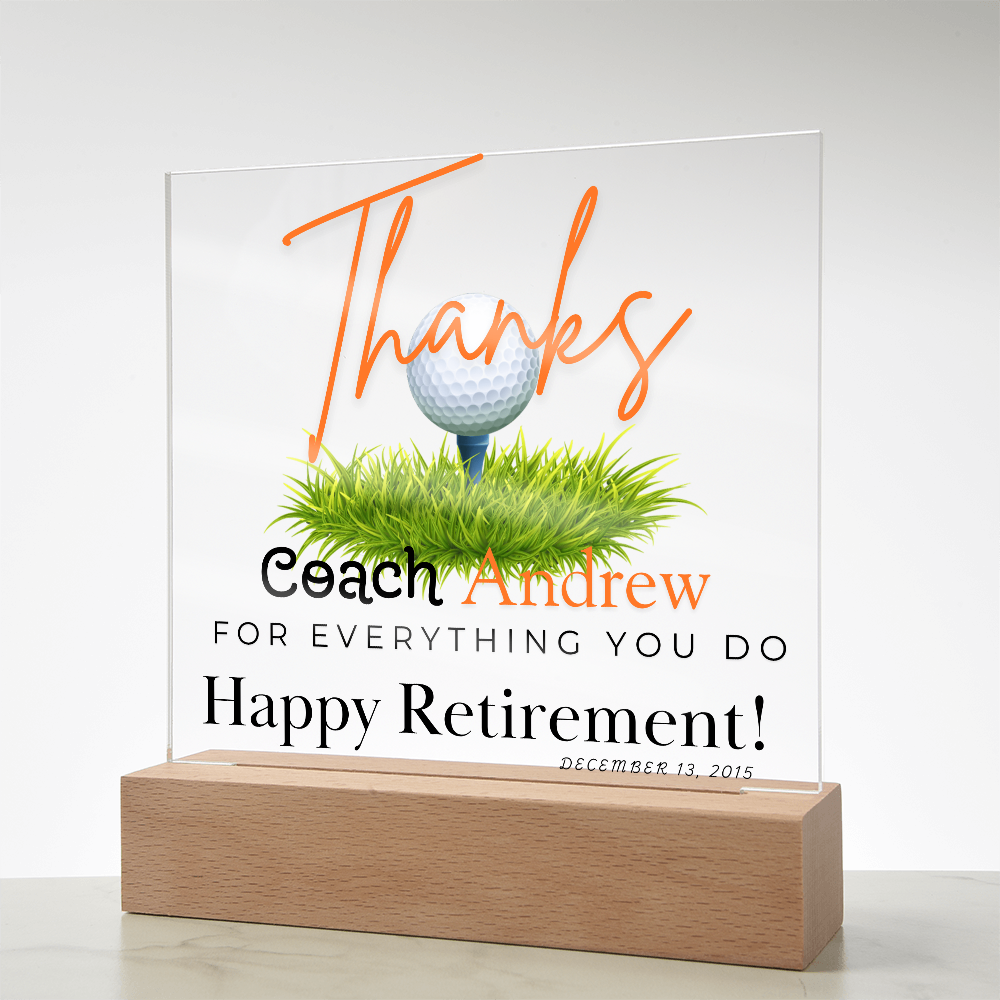 Personalized "Coach Retirement" Custom Acrylic Plaque with LED Base