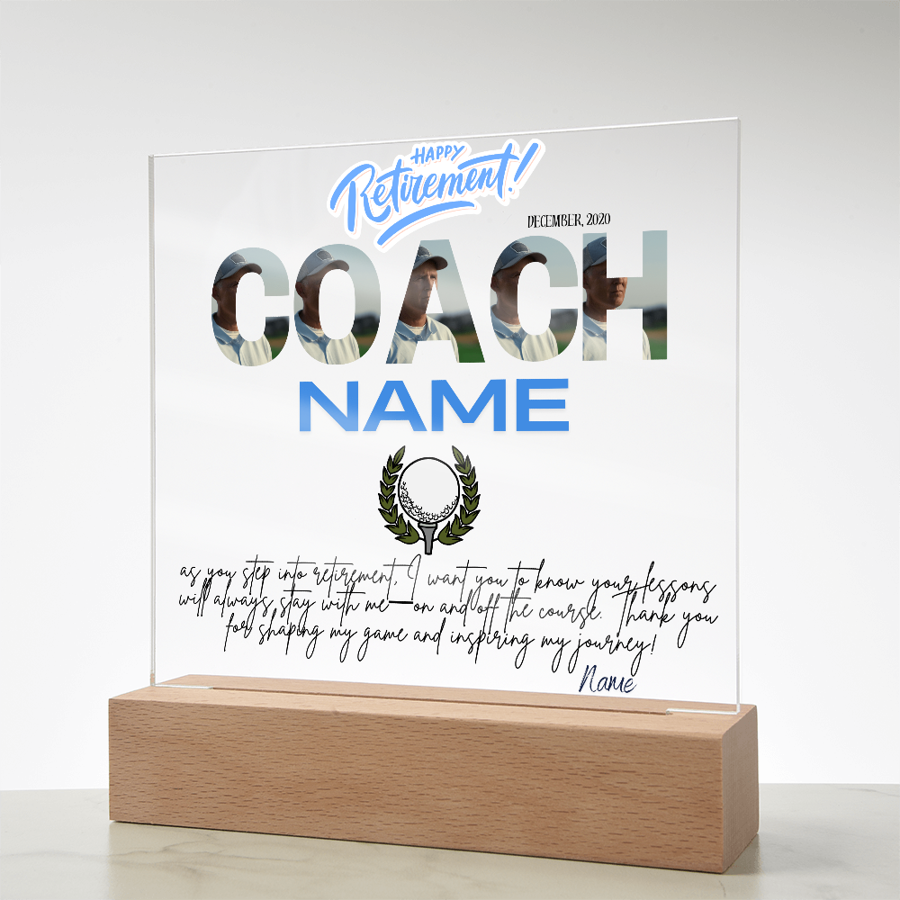 Personalized "Coach Retirement" Custom Acrylic Plaque with LED Base
