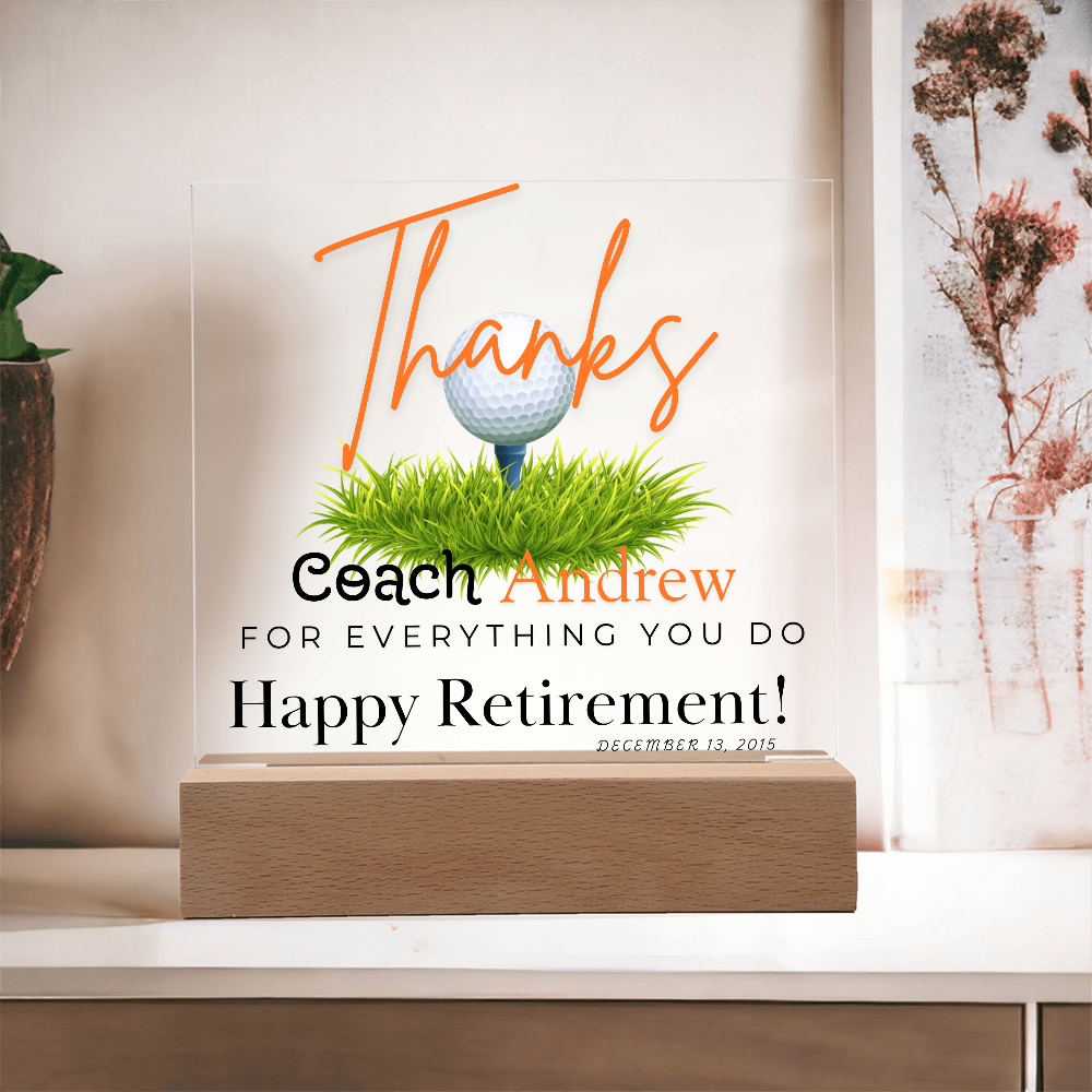 Personalized "Coach Retirement" Custom Acrylic Plaque with LED Base