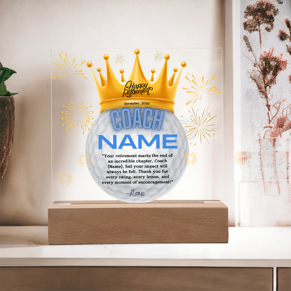 Personalized Golf "Coach Retirement" Custom Acrylic Plaque with LED Base