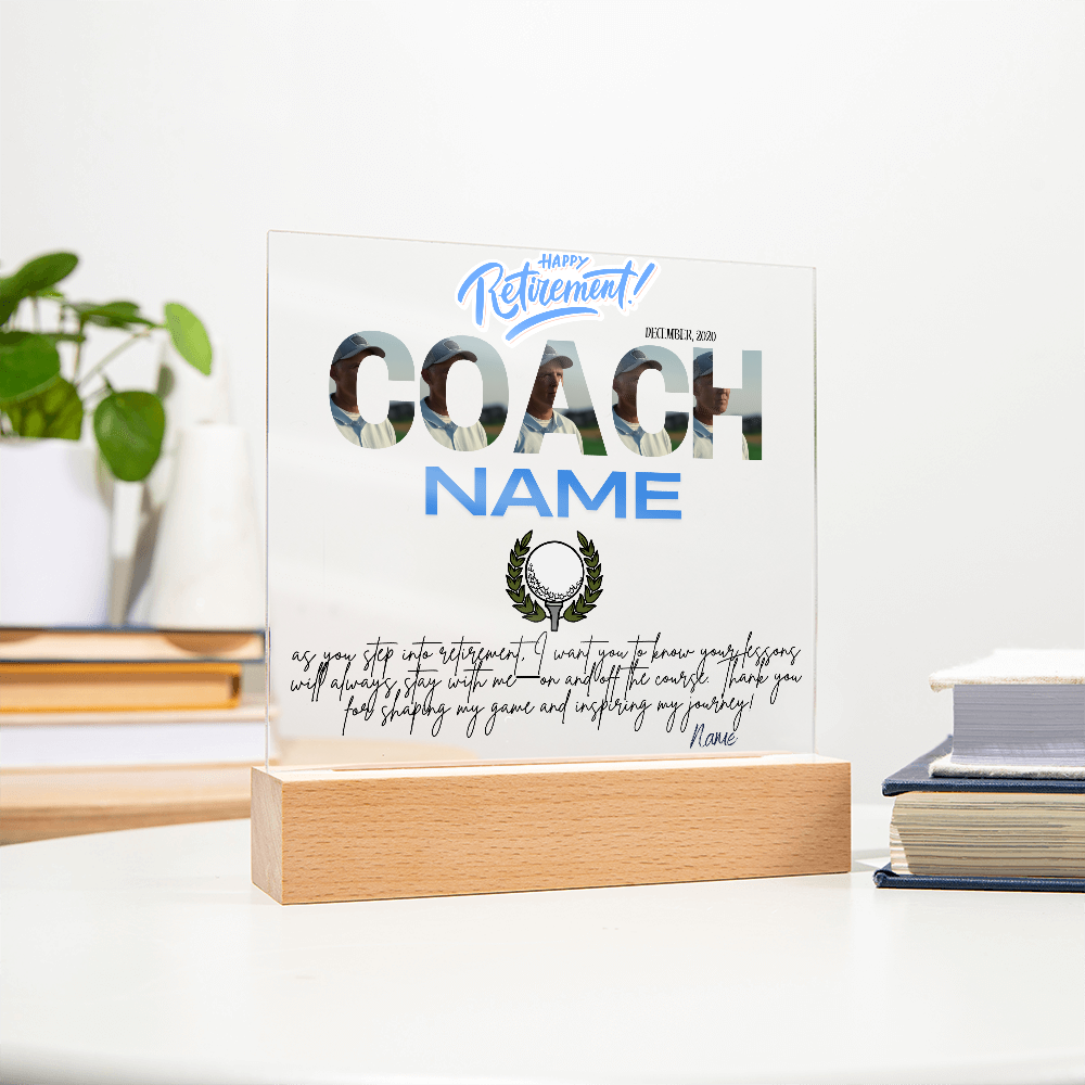 Personalized "Coach Retirement" Custom Acrylic Plaque with LED Base