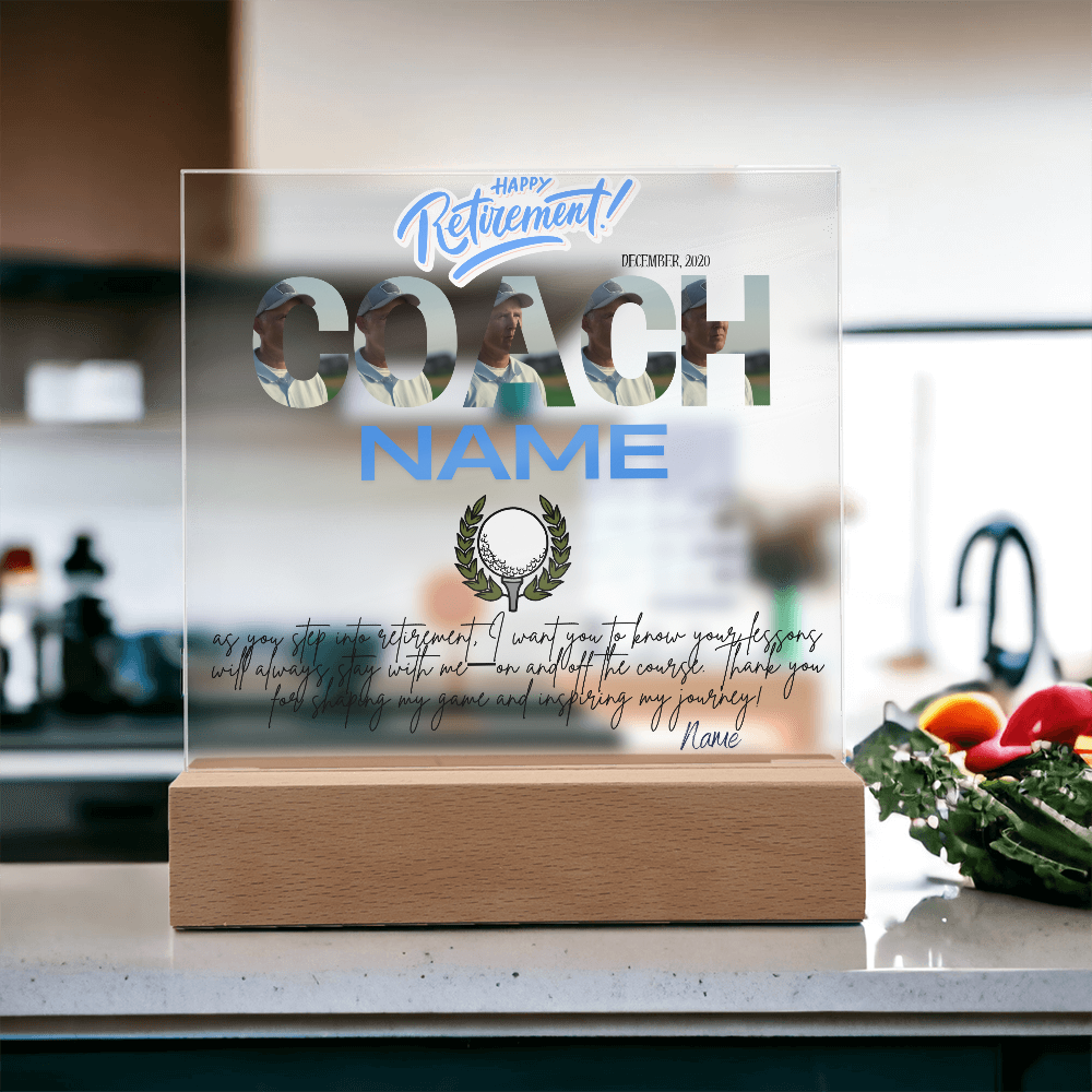 Personalized "Coach Retirement" Custom Acrylic Plaque with LED Base