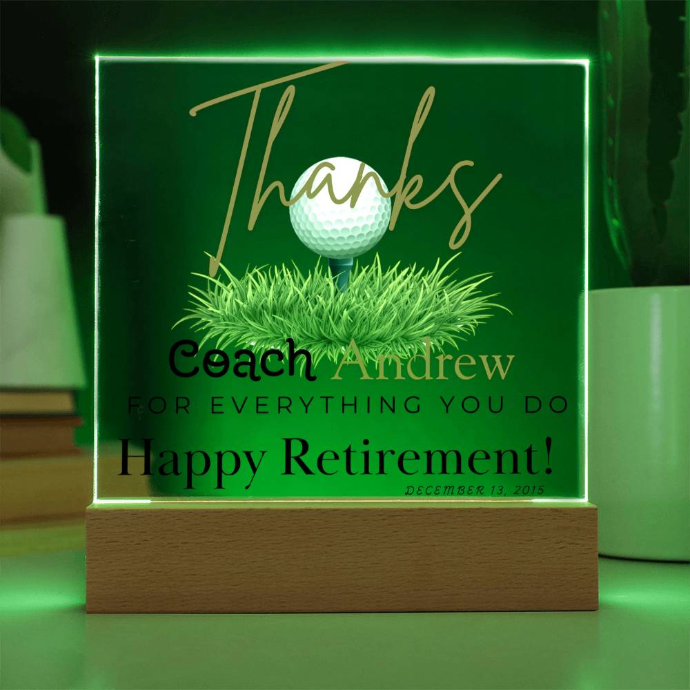 Personalized "Coach Retirement" Custom Acrylic Plaque with LED Base