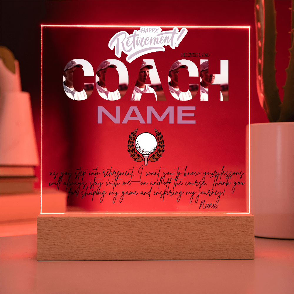 Personalized "Coach Retirement" Custom Acrylic Plaque with LED Base