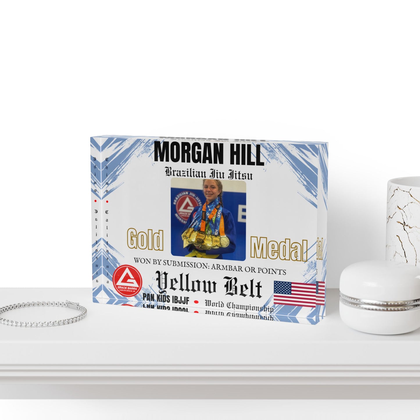 Personalized Photo Block - Kids Martial Art - BJJ - Judo Tournament Keepsake - White Blue