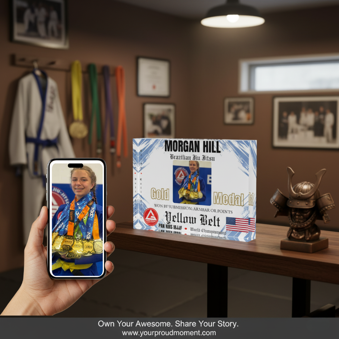 Personalized Photo Block - Kids Martial Art - BJJ - Judo Tournament Keepsake - White Blue