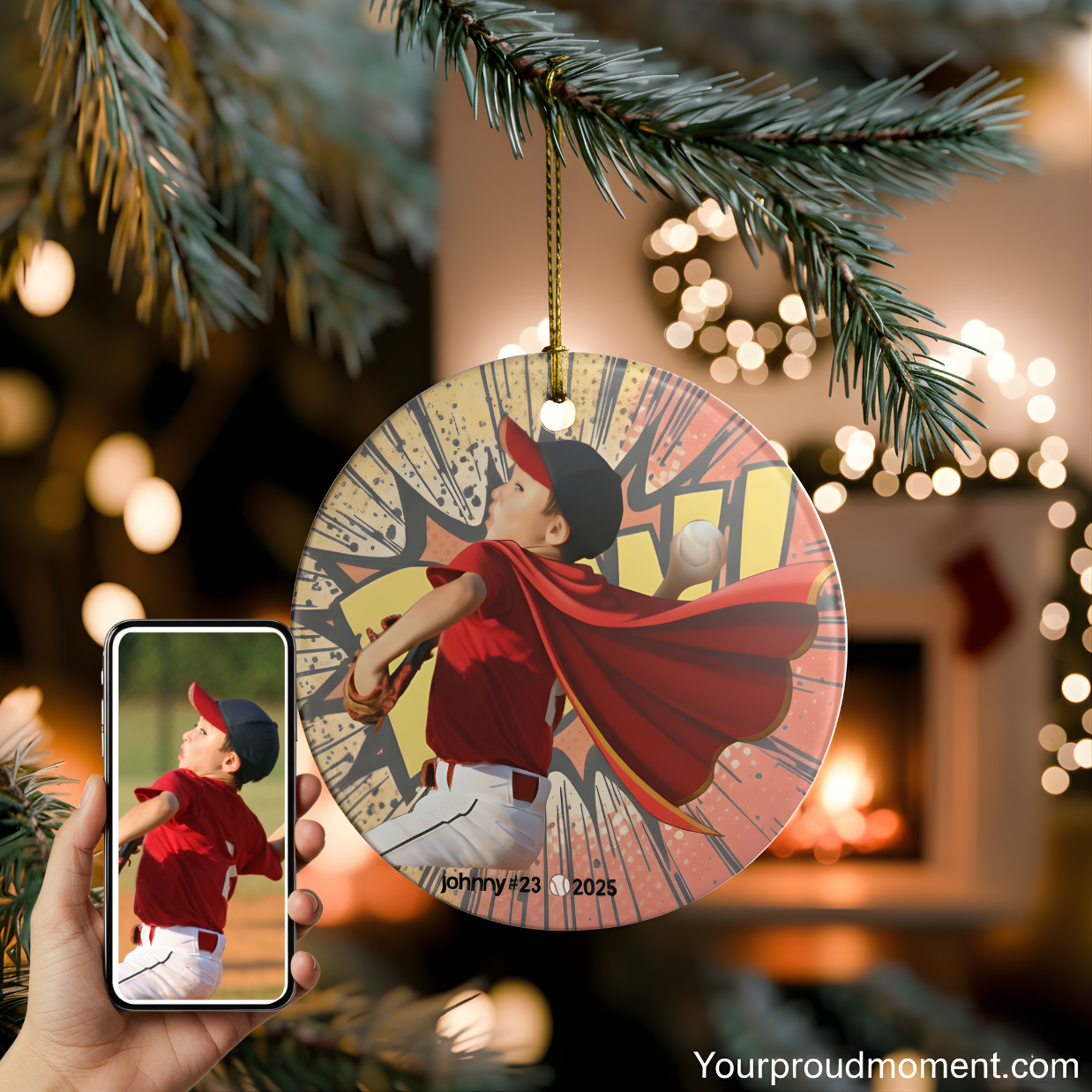 Personalized Superhero BOW Baseball Ceramic Ornament