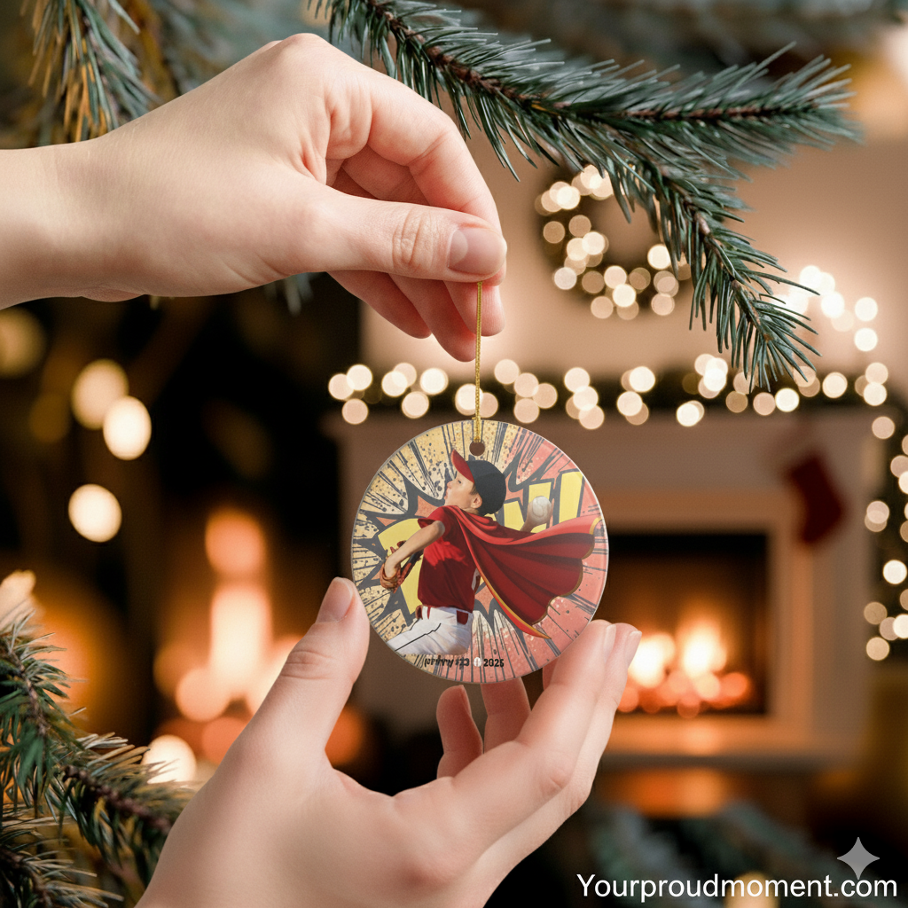 Personalized Superhero BOW Baseball Ceramic Ornament
