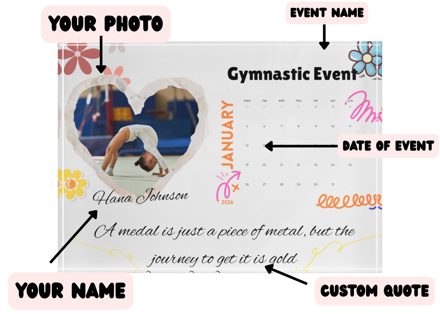 Personalized Gymnastics Winning Date Calendar Acrylic Display