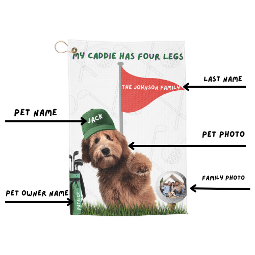 Personalized Golf Towel — "My Caddie Has Four Legs" Dog  Golfer Design