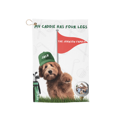 Personalized Golf Towel — "My Caddie Has Four Legs" Dog  Golfer Design