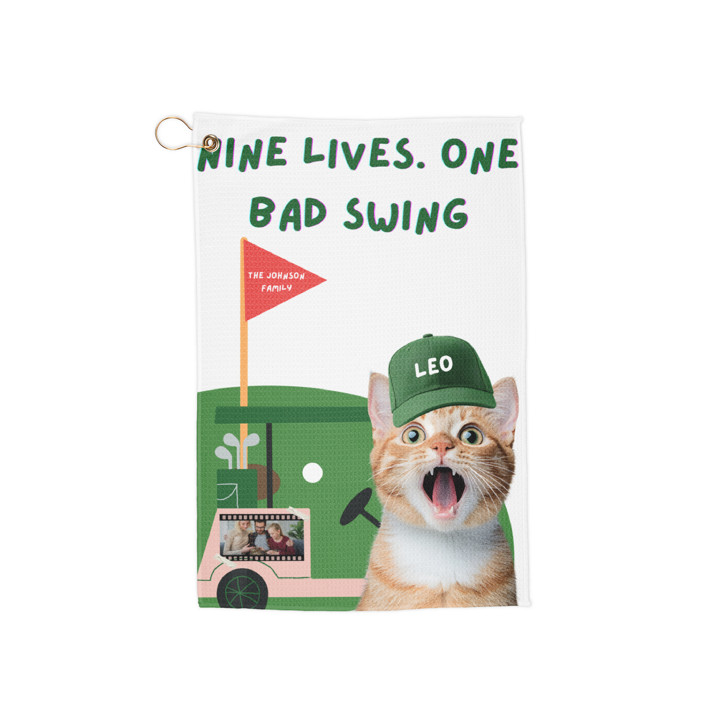 Personalized Cat Golfer Golf Towel — Custom Name Golfing Towel