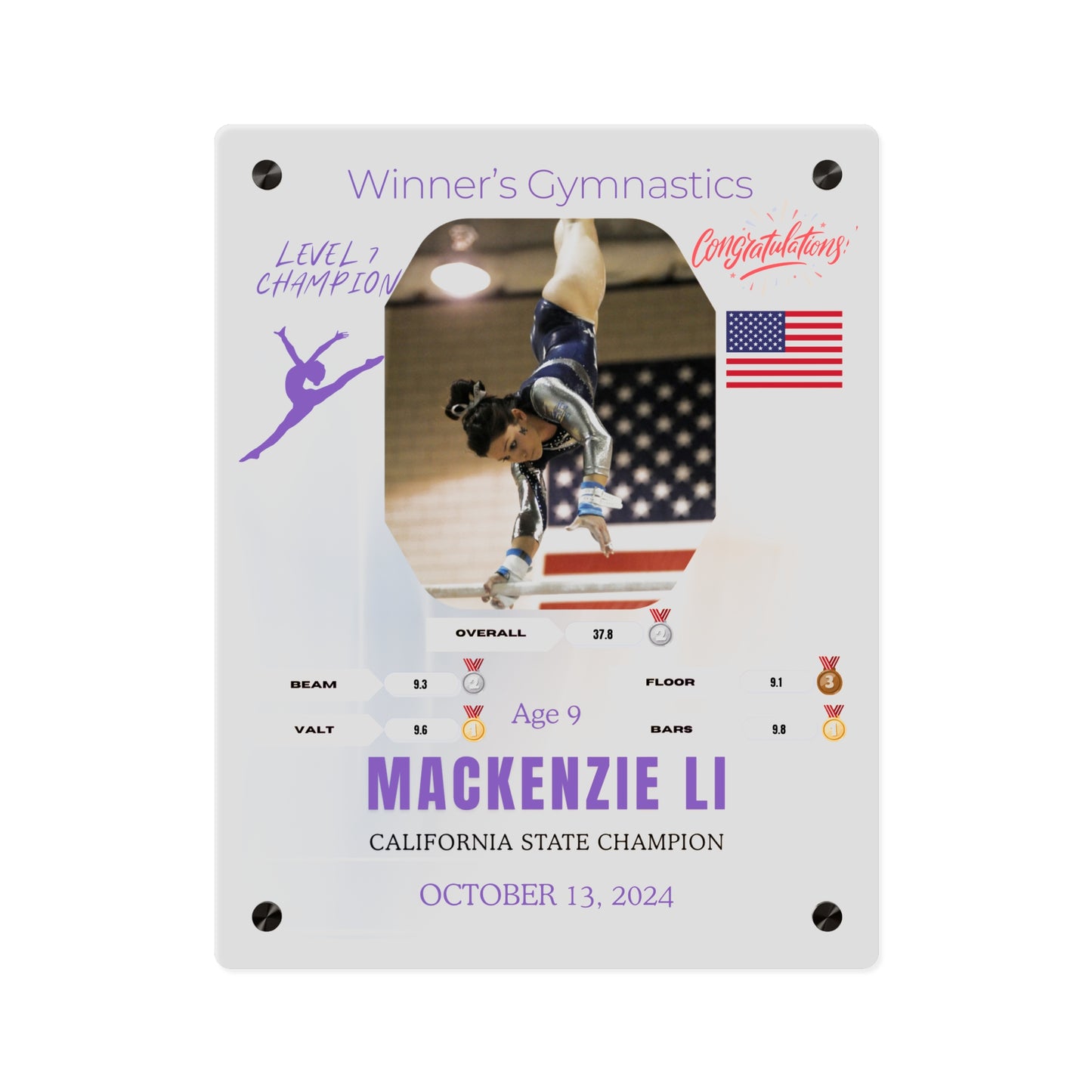 Personalized Acrylic Wall Art Panel for Gymnastics Champions