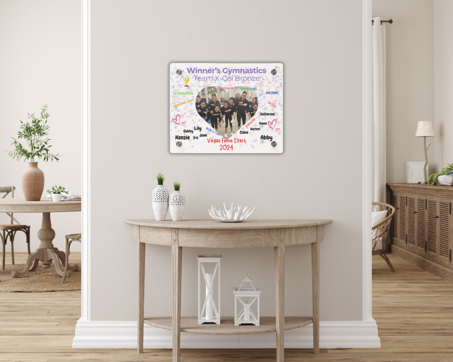 Personalized Acrylic Wall Art Panel -  Gymnastics Team Heart Theme