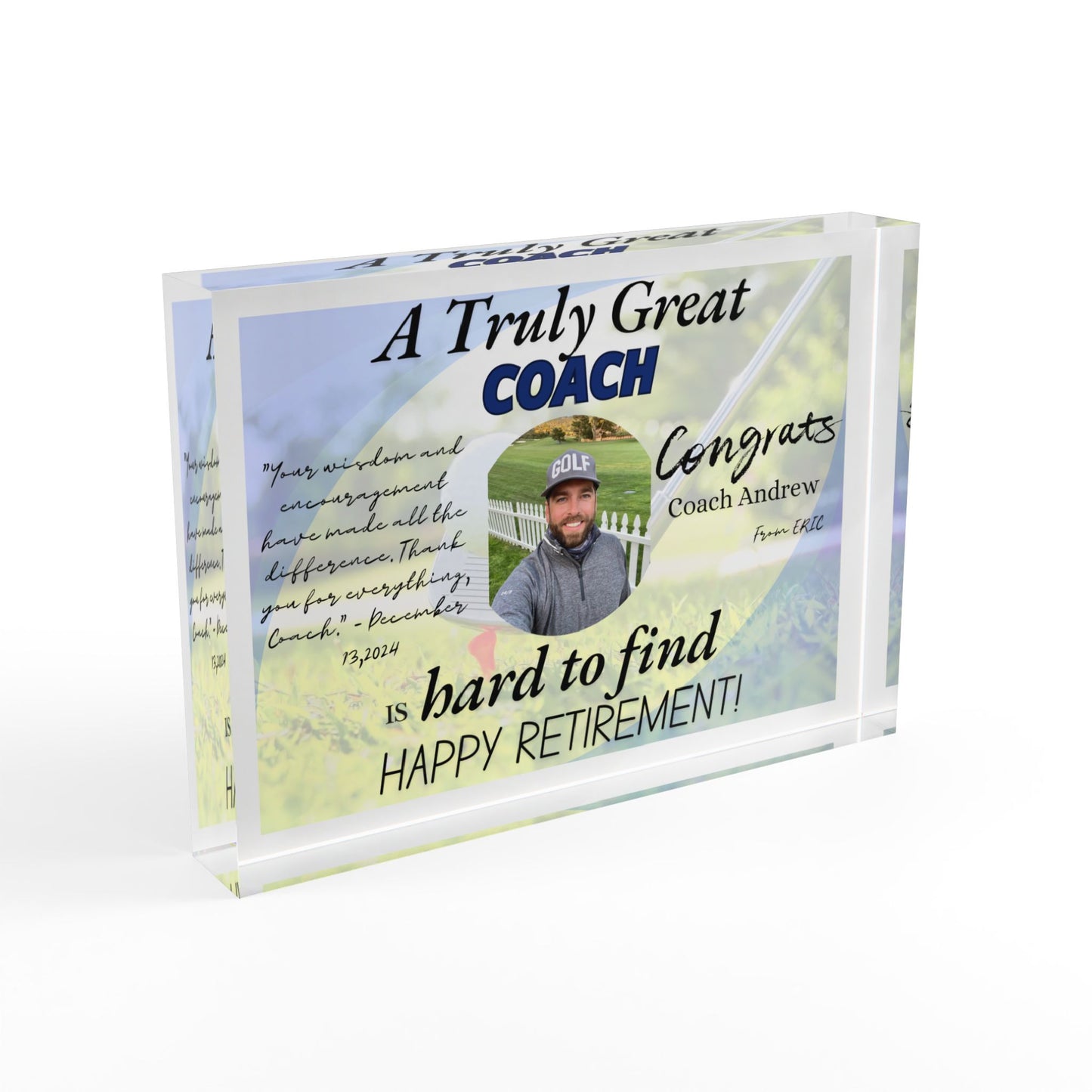 Personalized Retirement Photo Block for Coaches or Athletes - Customizable Gift with Inspiring Message