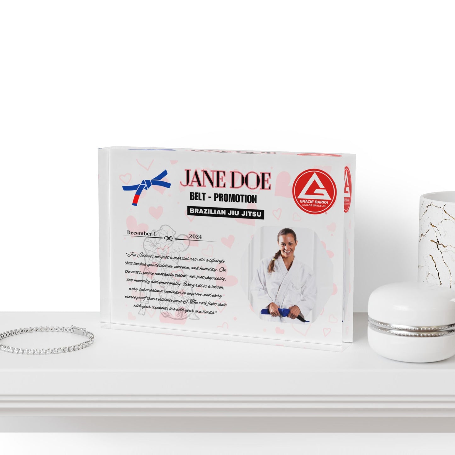 Personalized BJJ, Judo Belt Promotion Photo Block, Hearts Theme, Gift for Him and Her, Family Gifts