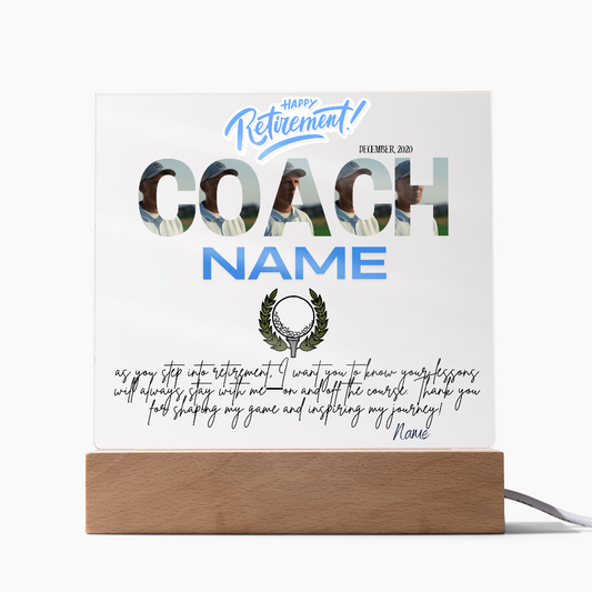 Personalized "Coach Retirement" Custom Acrylic Plaque with LED Base