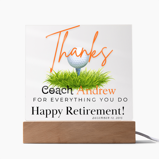 Personalized "Coach Retirement" Custom Acrylic Plaque with LED Base