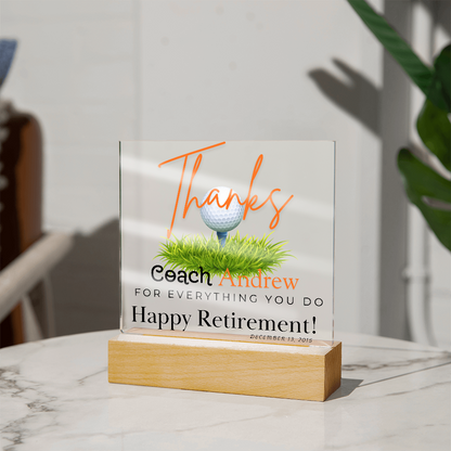 Personalized "Coach Retirement" Custom Acrylic Plaque with LED Base
