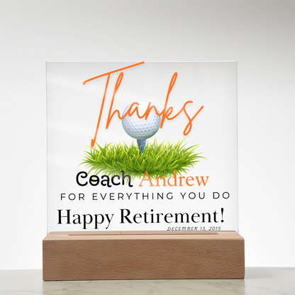 Personalized "Coach Retirement" Custom Acrylic Plaque with LED Base
