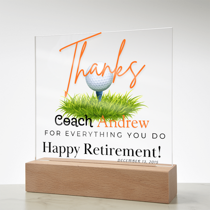 Personalized "Coach Retirement" Custom Acrylic Plaque with LED Base