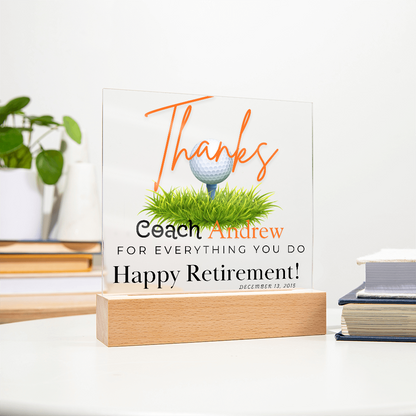 Personalized "Coach Retirement" Custom Acrylic Plaque with LED Base