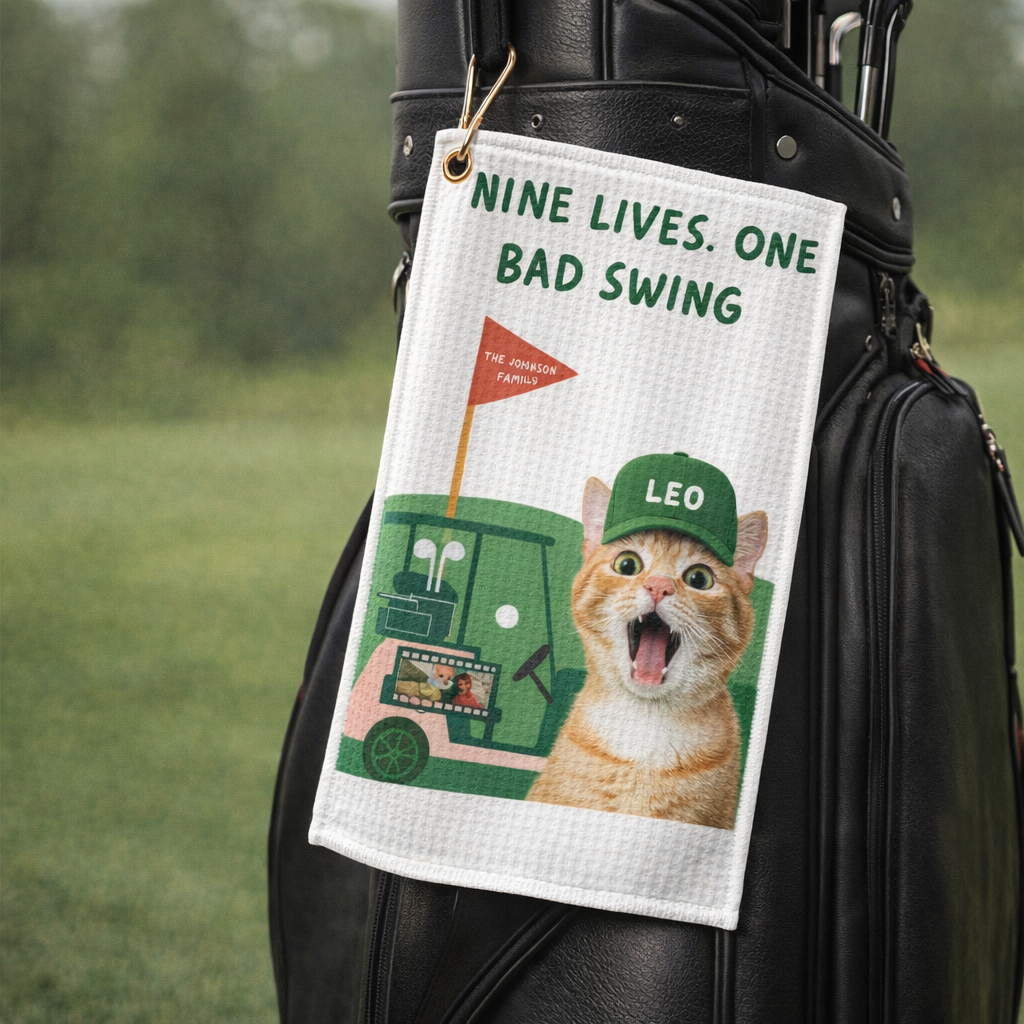 Personalized Cat Golfer Golf Towel — Custom Name Golfing Towel