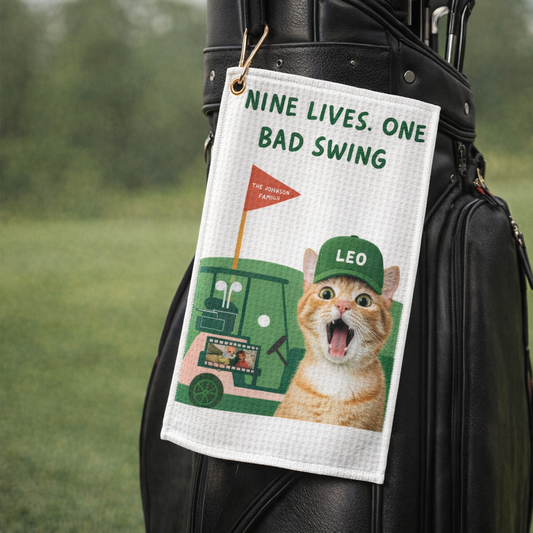 Personalized Cat Golfer Golf Towel — Custom Name Golfing Towel